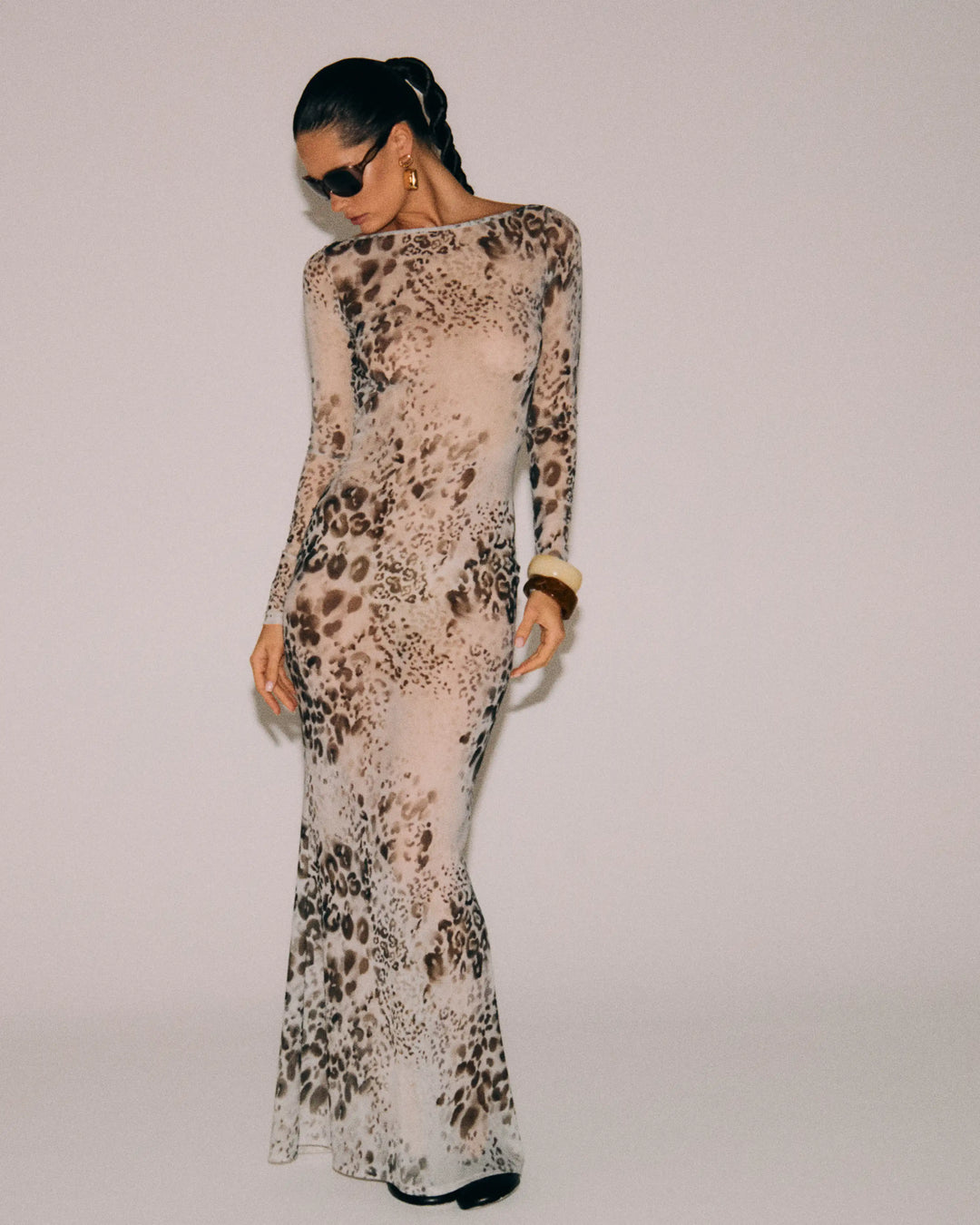 Monet maxi, ivory mesh maxi dress with animal print