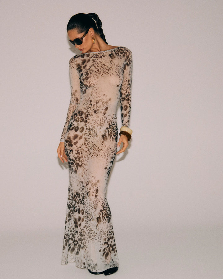 Monet maxi, ivory mesh maxi dress with animal print