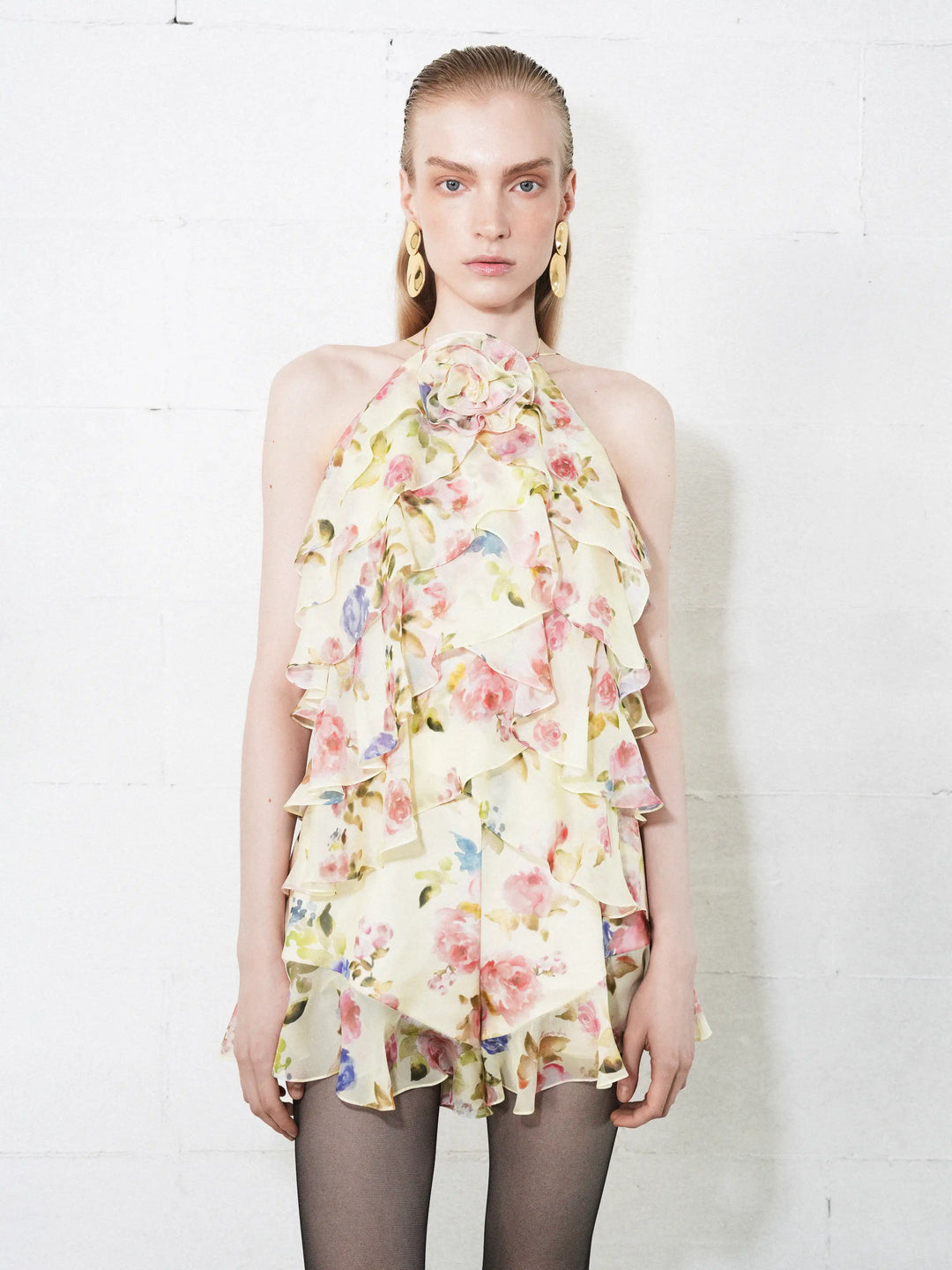 Dahlia top, top in pale yellow chiffon with a floral print