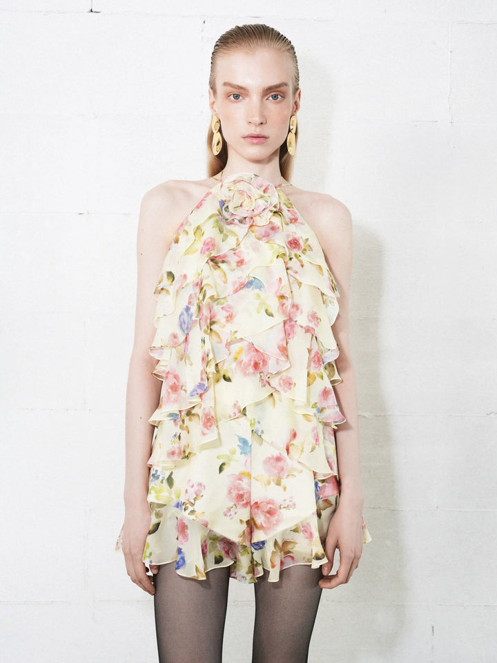 Dahlia top, top in pale yellow chiffon with a floral print