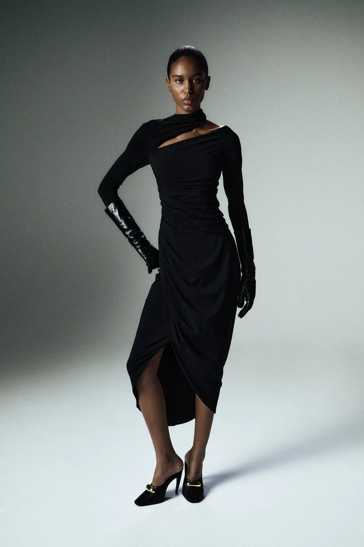 Jennifer midi, midi dress with long sleeves made of black biflex