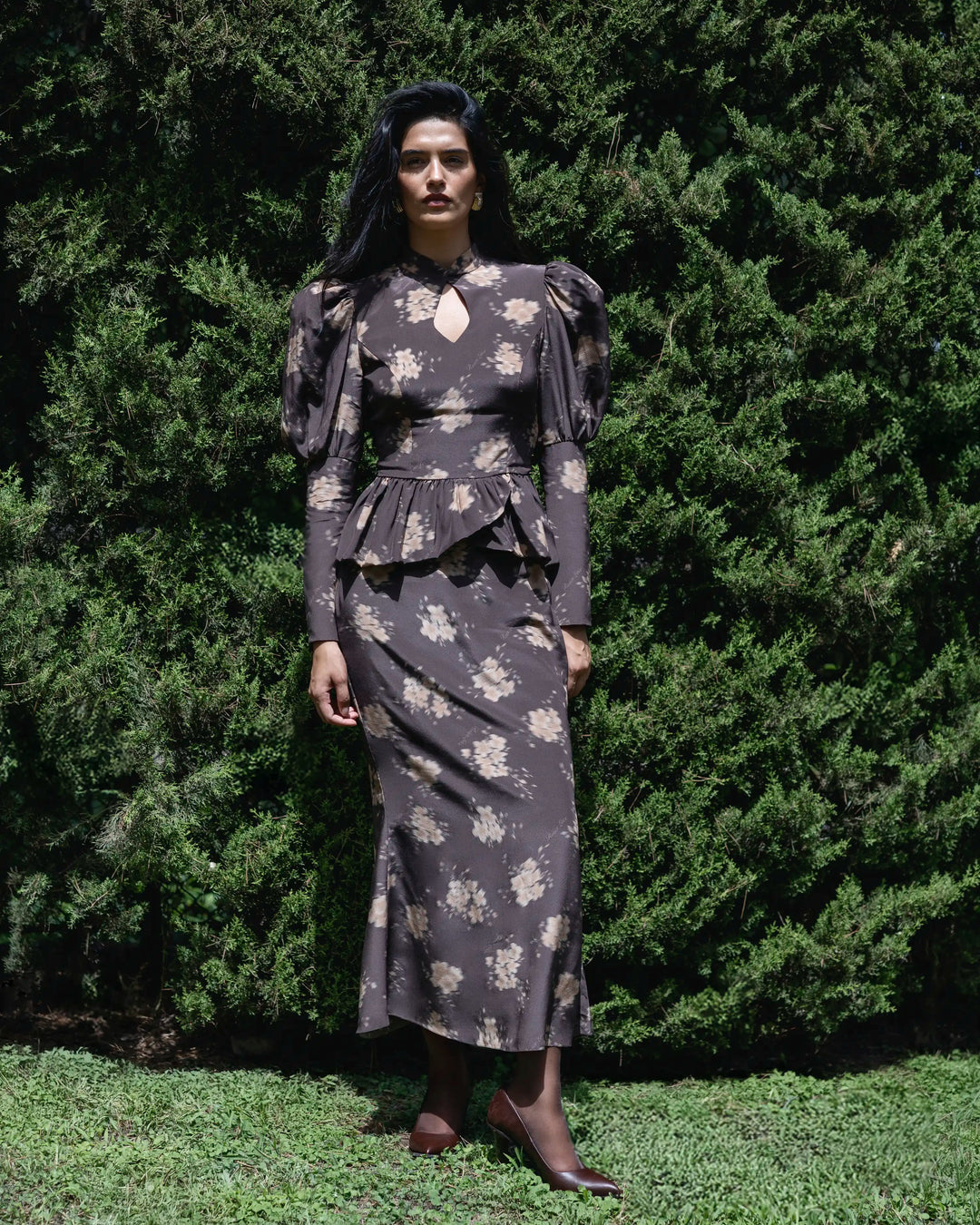 Gia, chocolate crepe de chine blouse with beige flowers