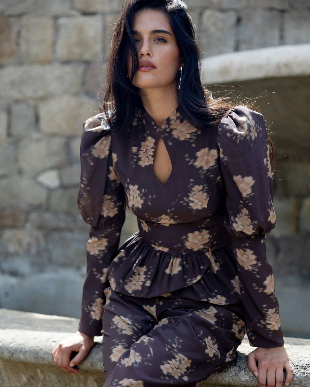Naomi, chocolate crepe de chine pants with beige flowers