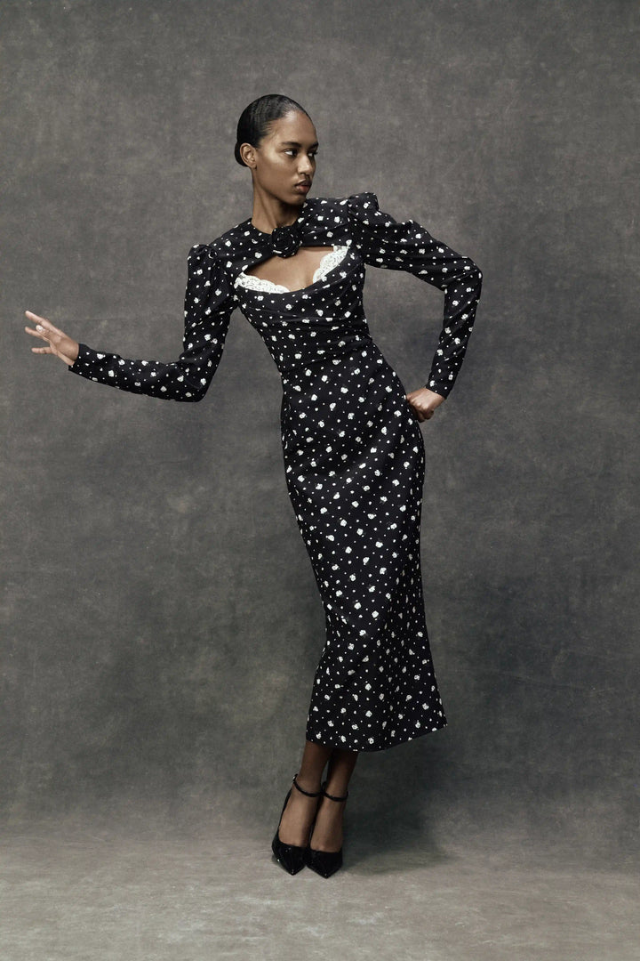 Macel midi, dress made of black crepe de chine with small floral print