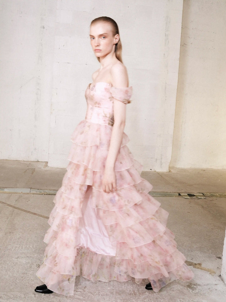 Lisen maxi, corset maxi dress in pink organza with a floral print