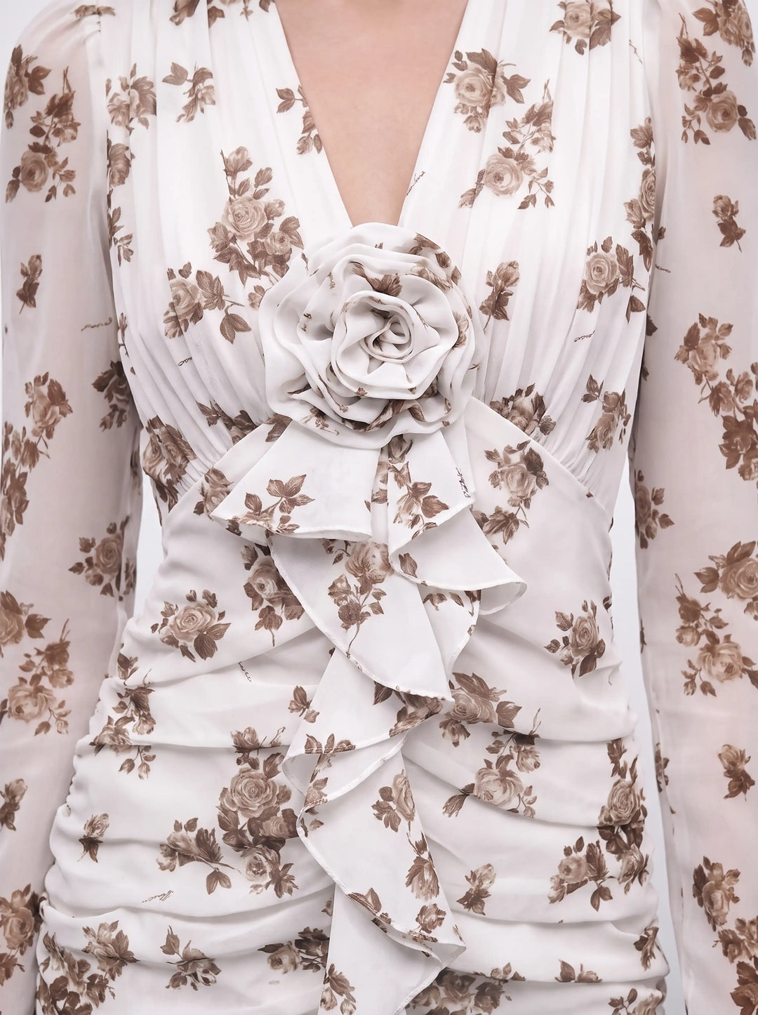 Vienna mini, ivory chiffon mini dress with brown flowers