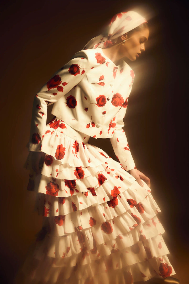 Carmelita maxi, milky batiste ruffled maxi skirt with a floral print