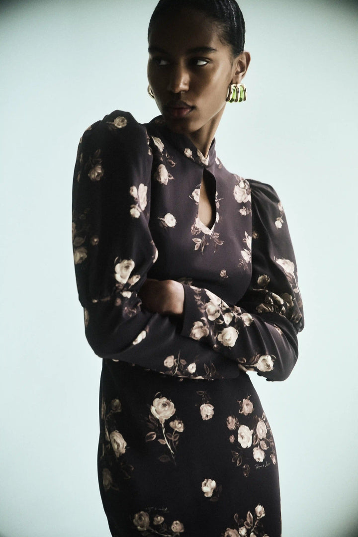 Giannetta midi, midi dress made of chocolate crepe de chine with floral print