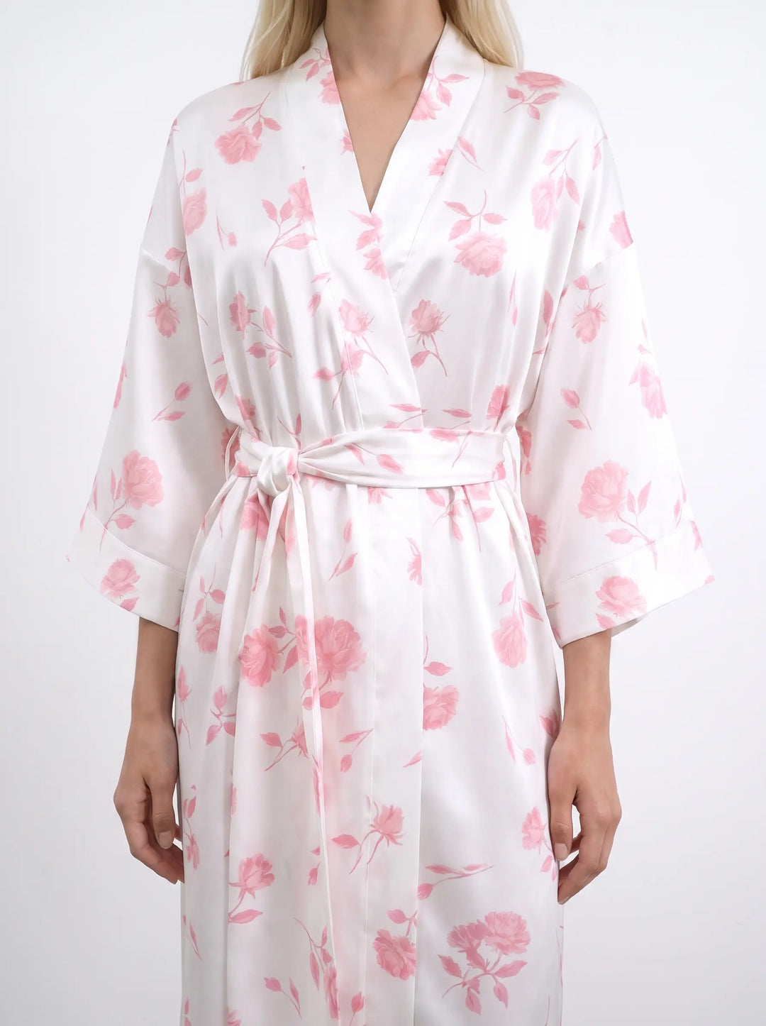 Sen midi, ivory satin wrap dress with medium light pink flowers