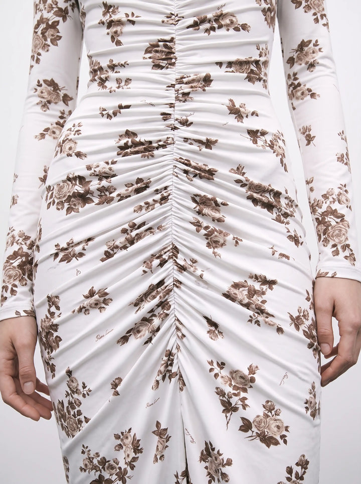 Ami midi, milky biflex midi dress with brown flowers