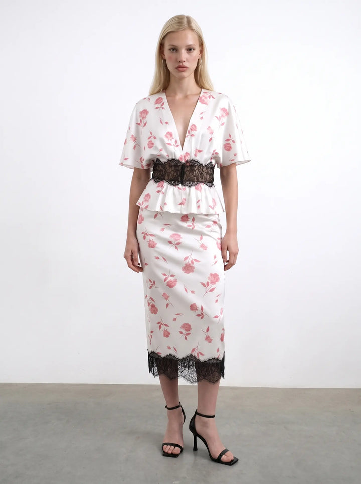 Yasmin, ivory satin blouse with medium light pink flowers