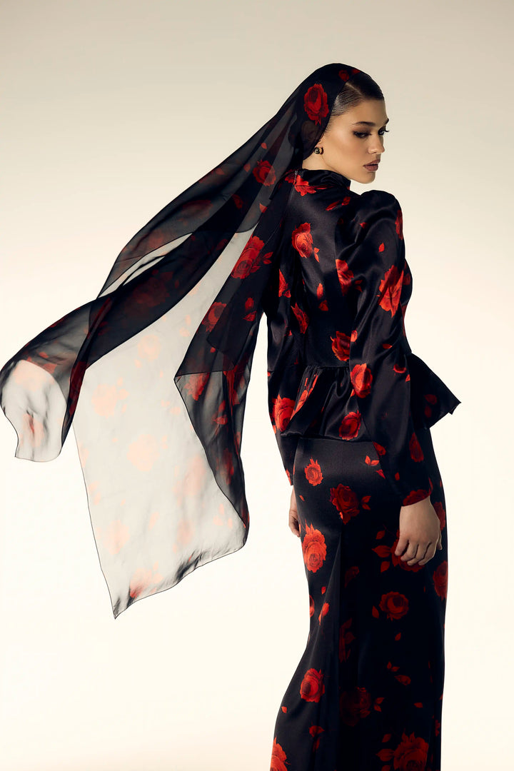 Letici, black chiffon scarf with a floral print