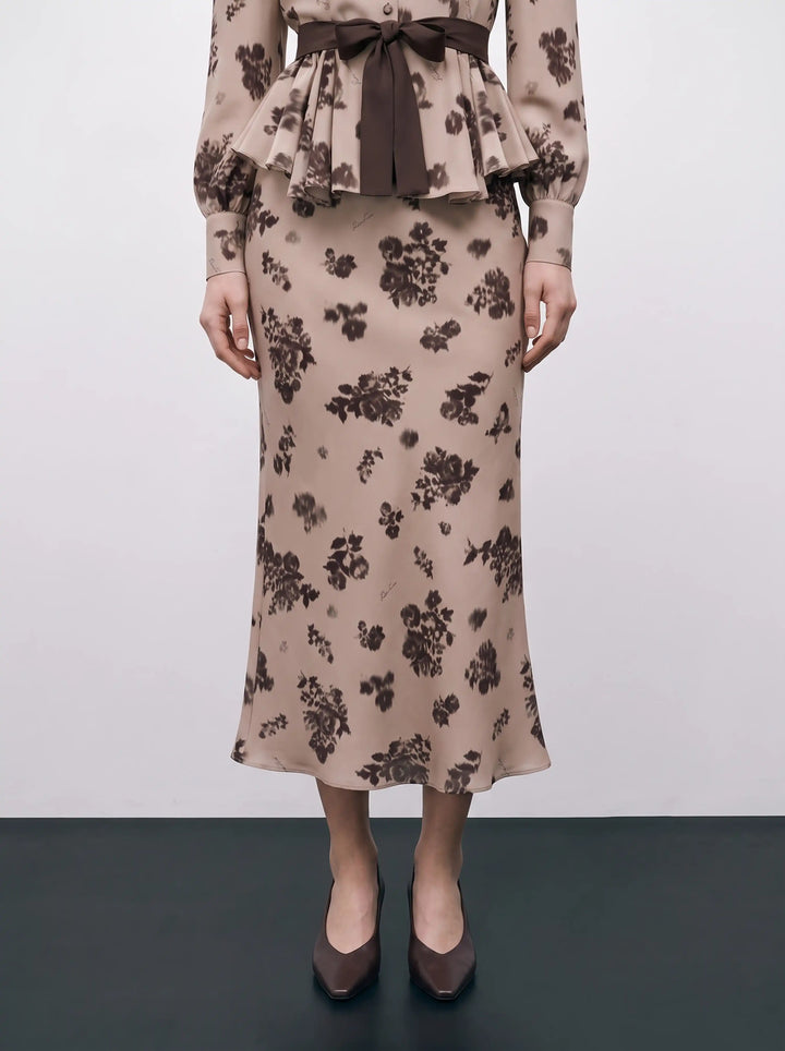 Kerelin midi, beige crepe de chine midi skirt with chocolate flowers