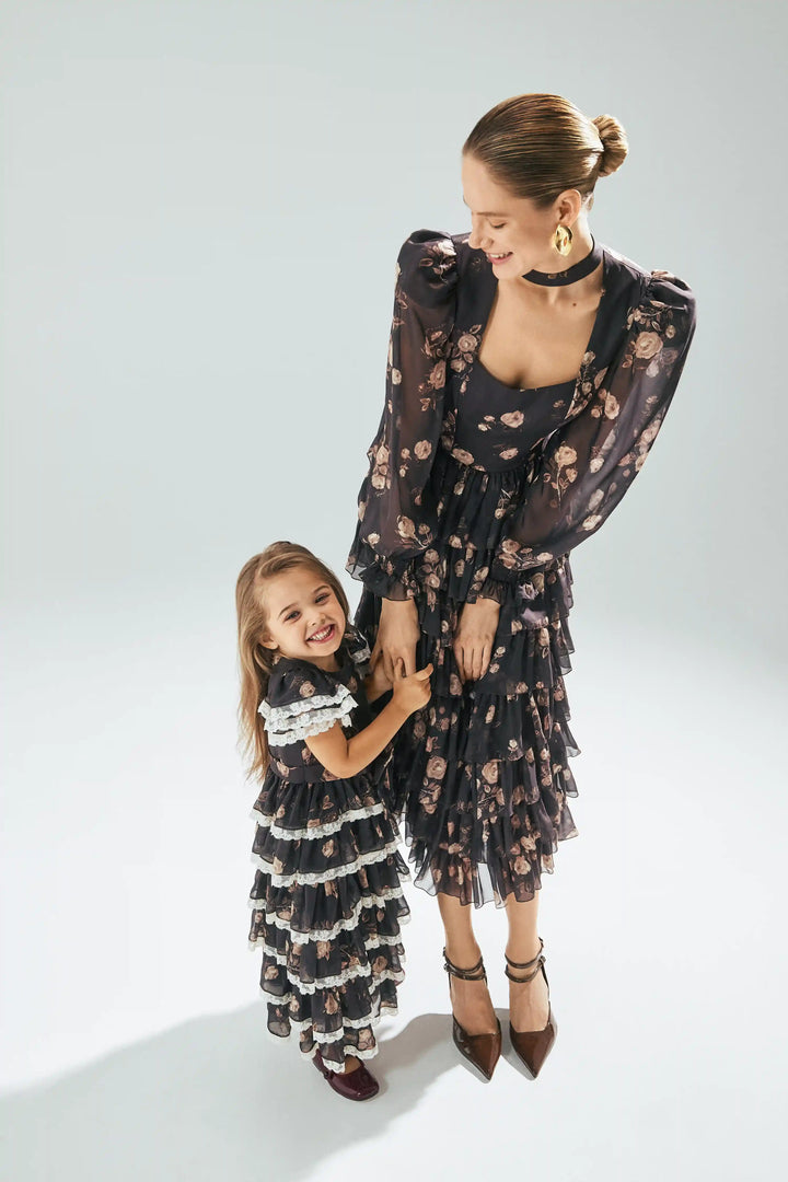 Ava, children's dress made of chocolate chiffon with floral print