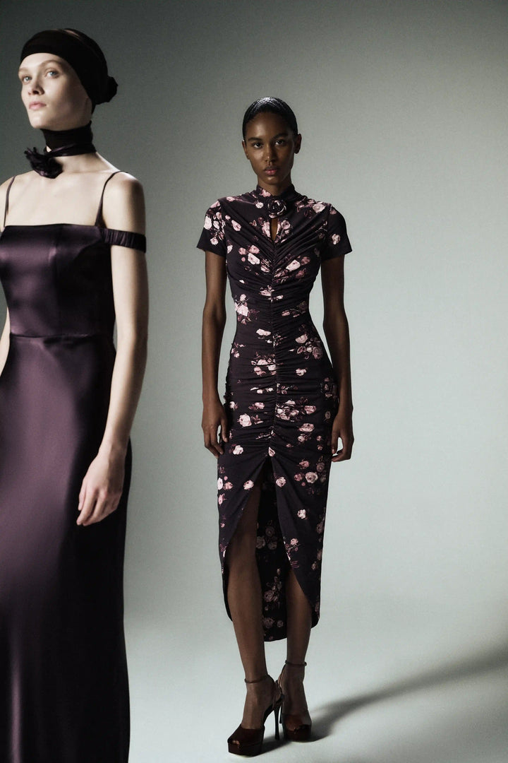 Amanda, midi dress with short sleeves made of chocolate biflex with floral print