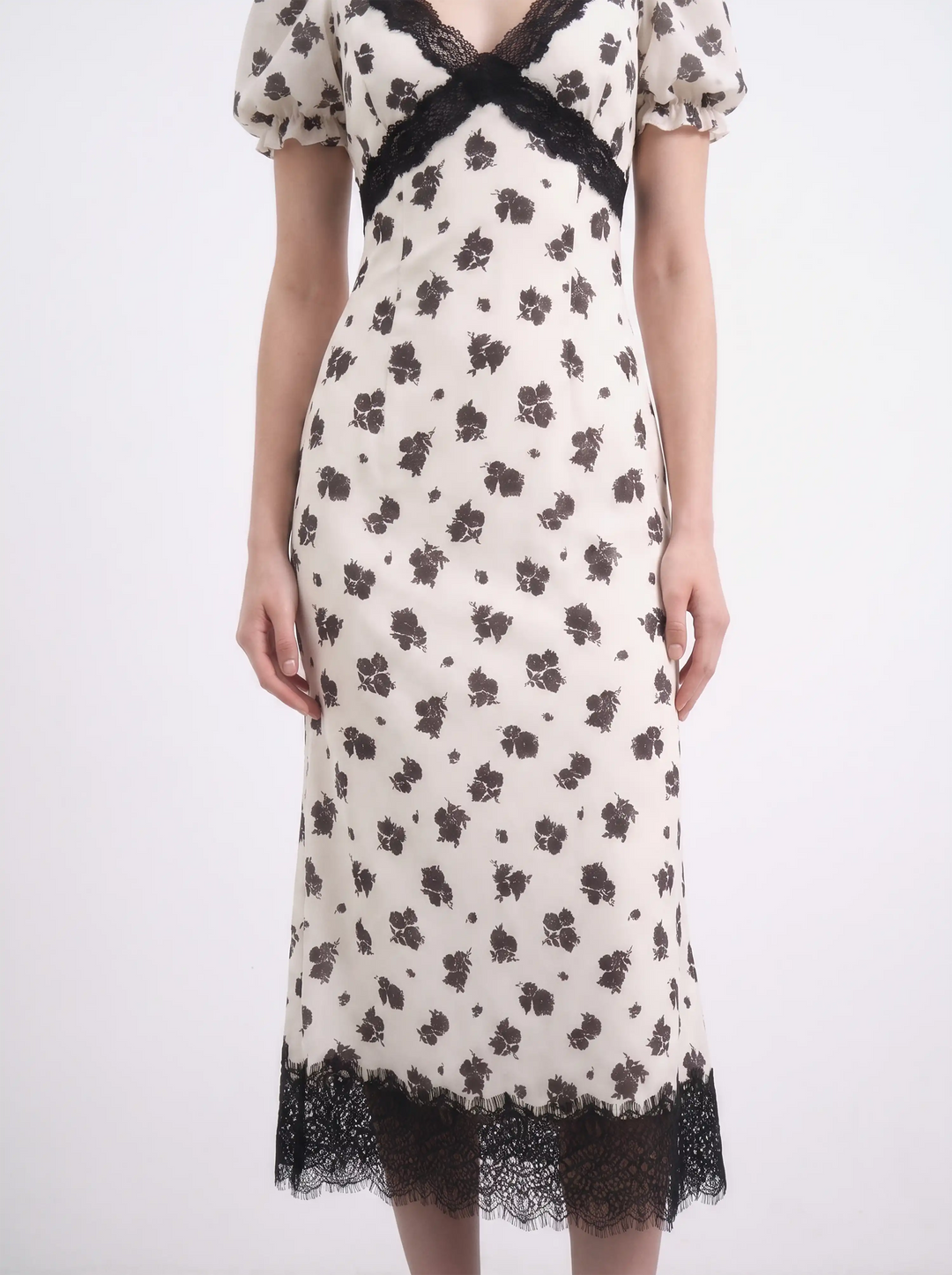 Penny midi, ivory crepe de chine midi dress with medium black flowers