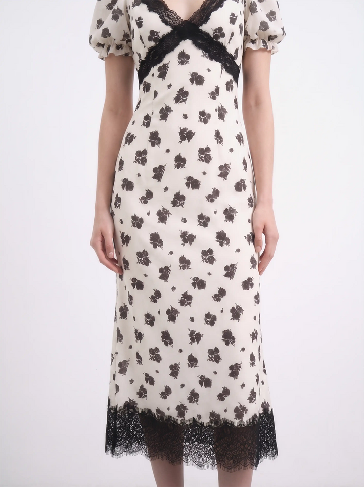 Penny midi, ivory crepe de chine midi dress with medium black flowers