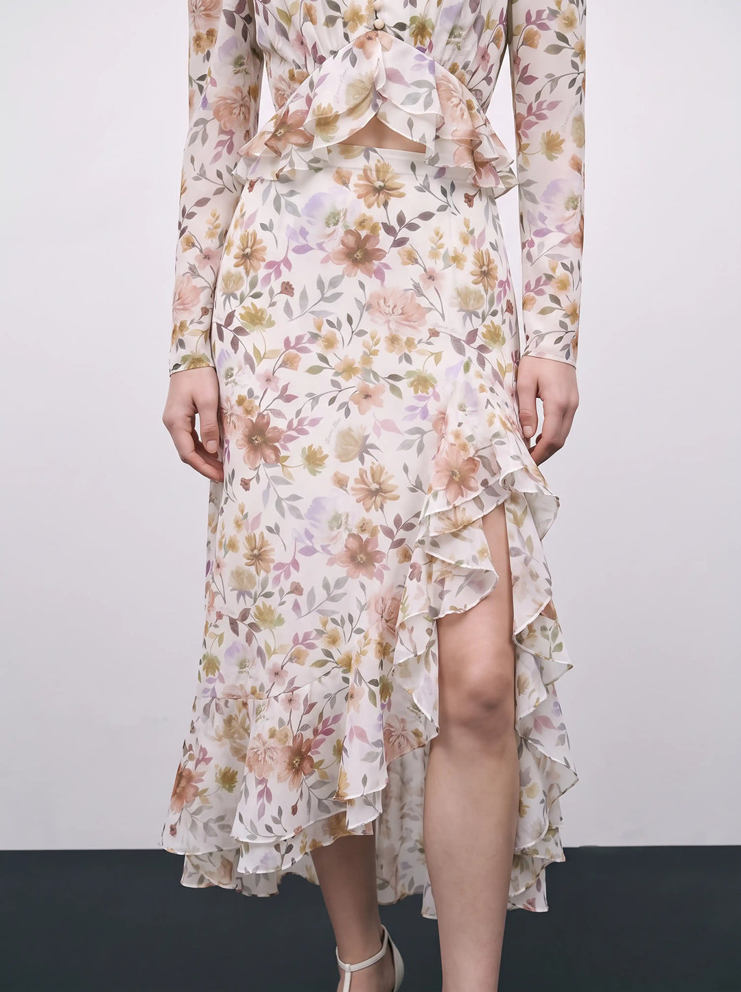 Carmen midi, milky chiffon midi skirt with multicolor floral print