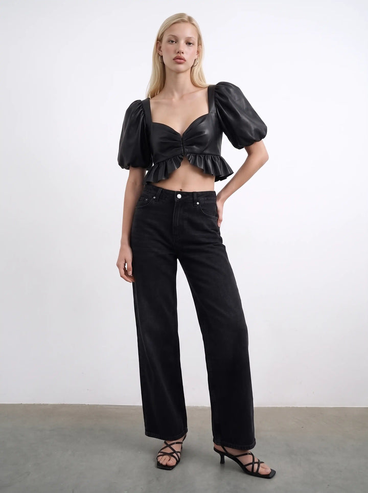 Melisa top, crop top in black leather