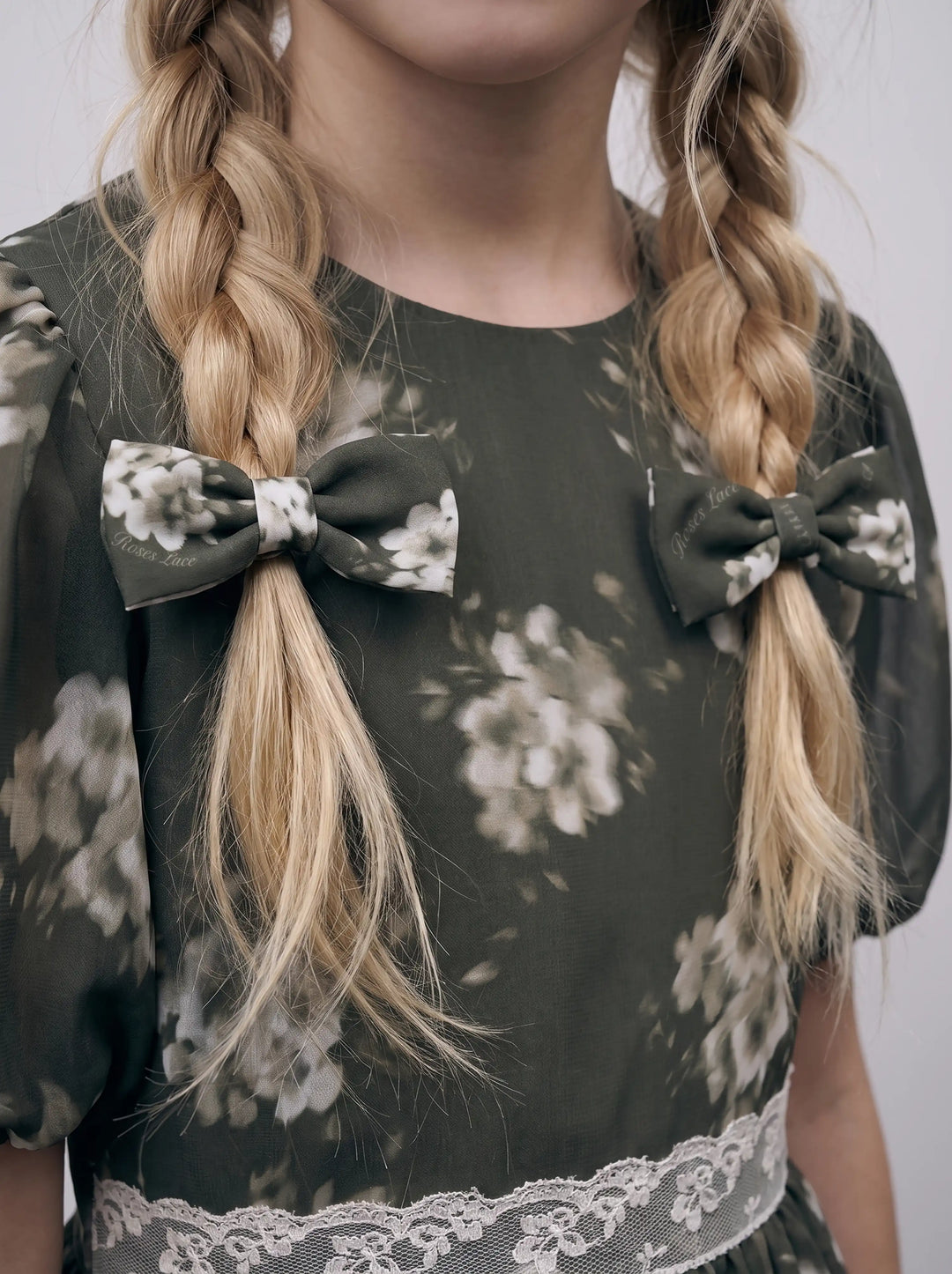 Fifi, khaki crepe de chine children's dress with ivory flowers