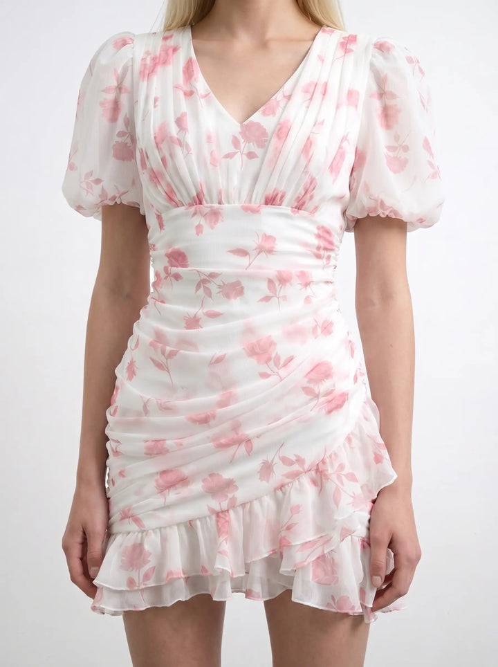 Josephine mini, ivory chiffon mini dress with medium light pink flowers