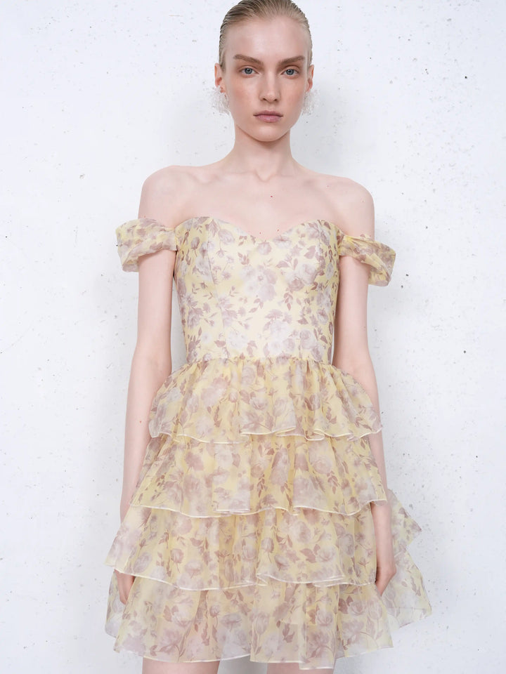 Lisen mini, corset mini dress in yellow organza with a floral print