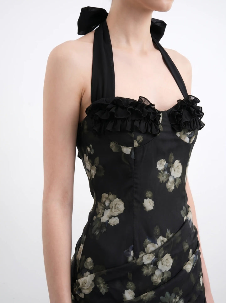 Sally midi, midi dress in black chiffon with a floral print