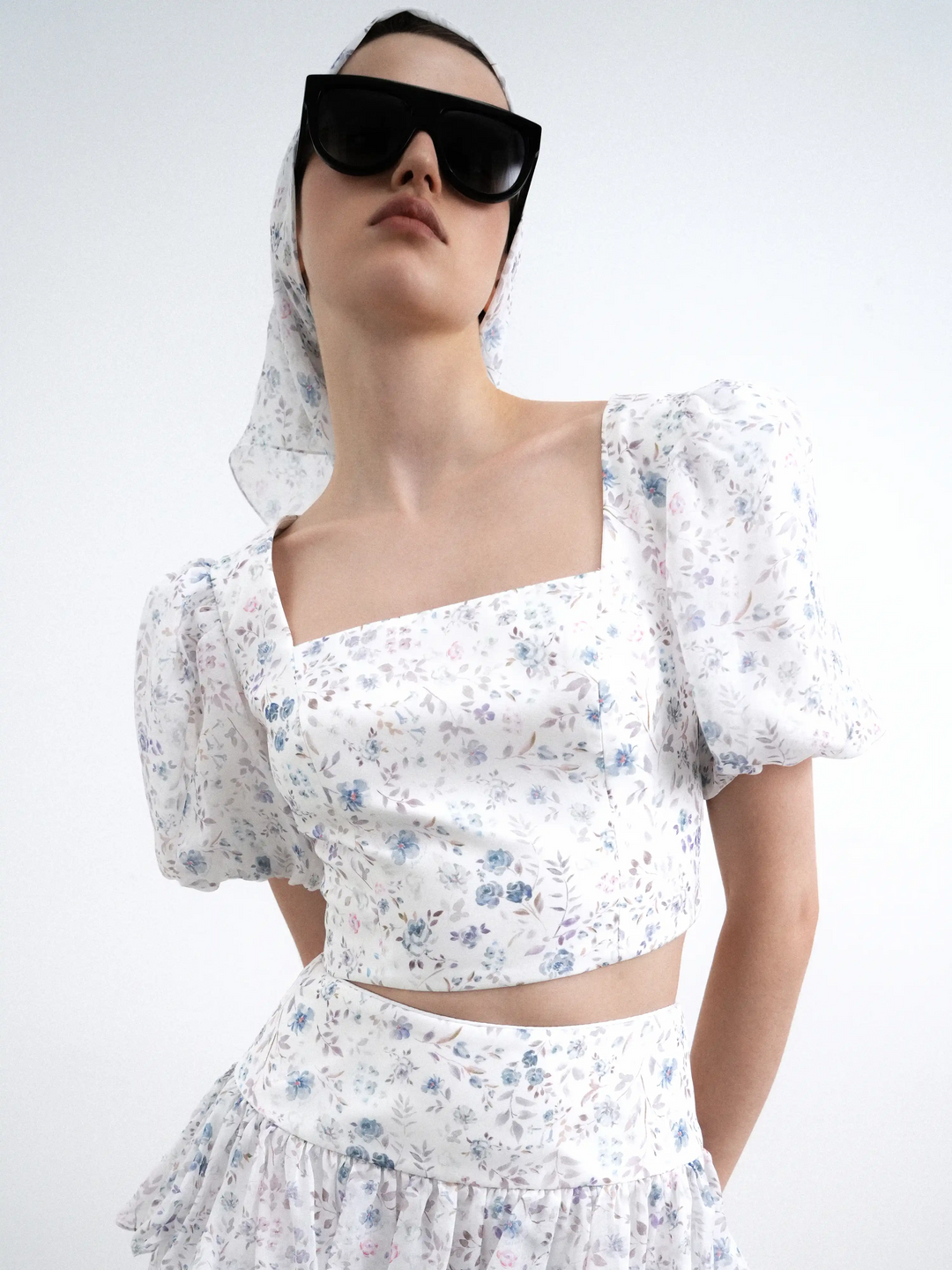 Leticia, milky chiffon headscarf with a floral print