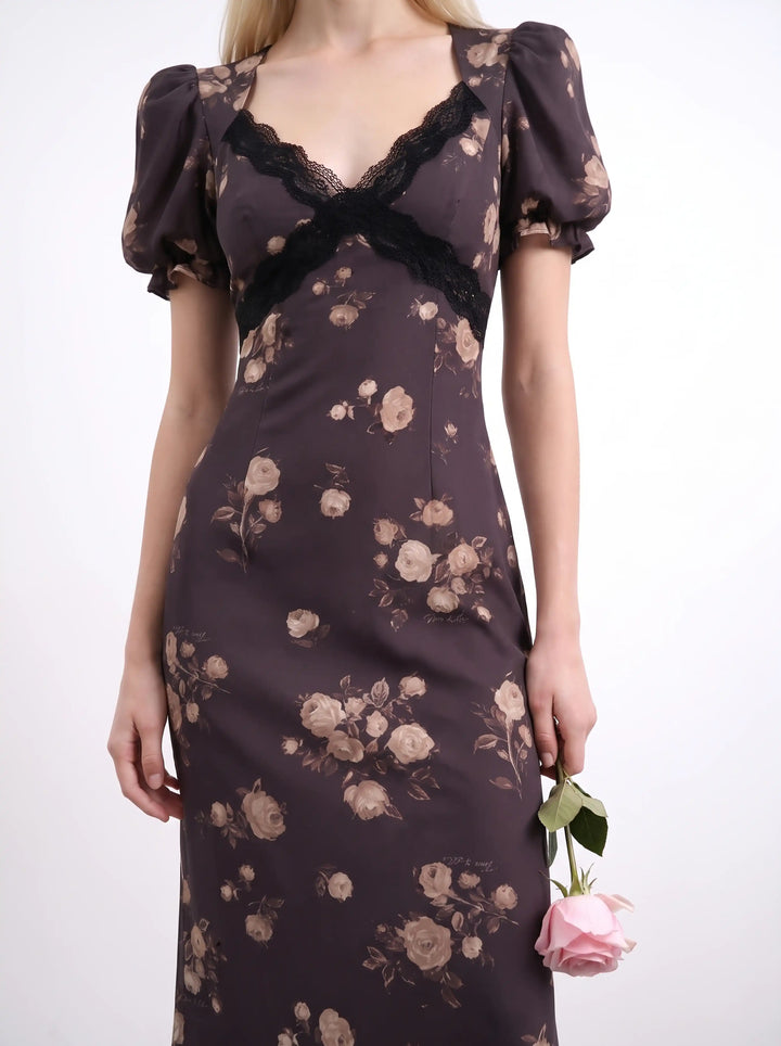 Penny midi, chocolate crepe de chine midi dress with medium beige flowers