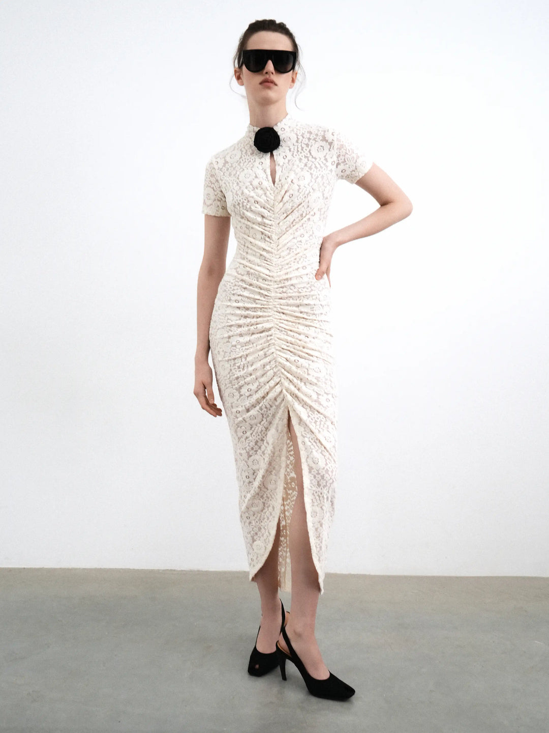 Amanda midi, milky lace dress with velvet flocking
