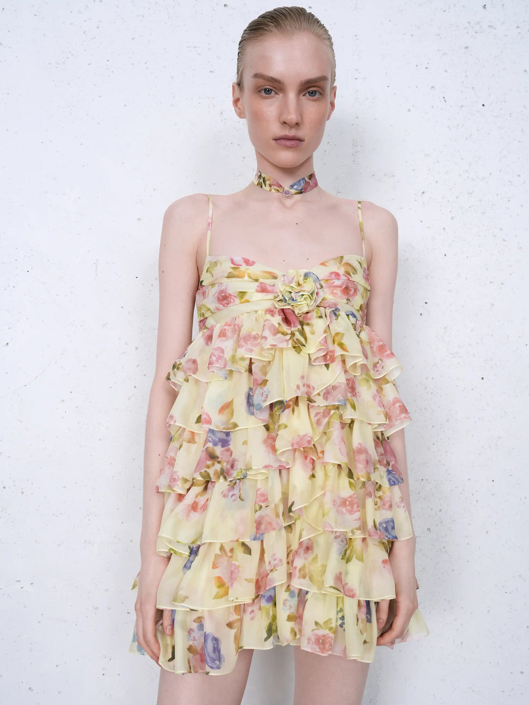 Willow mini, mini dress in pale yellow chiffon with a floral print