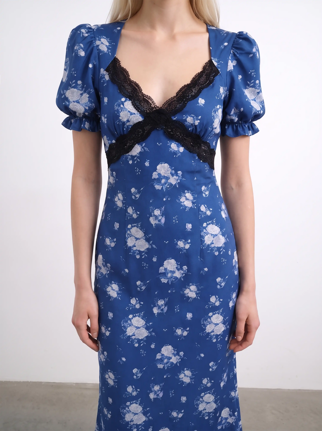 Penny midi, blue crepe de chine midi dress with medium blue flowers
