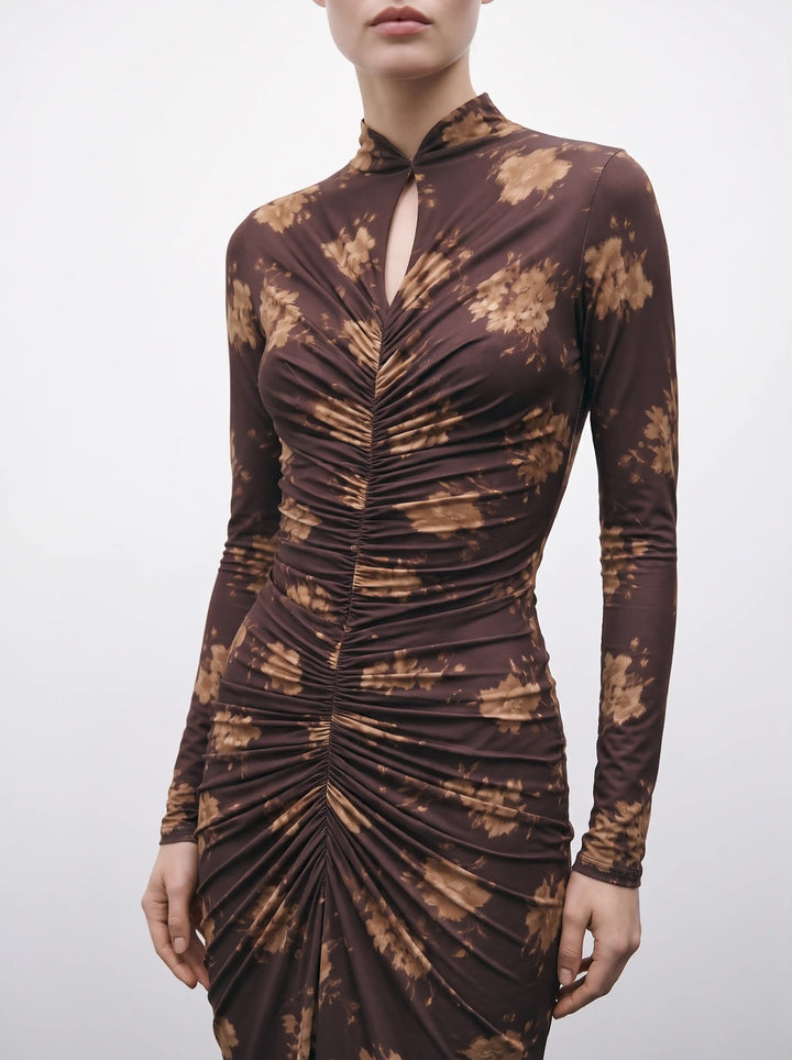 Madiya maxi, chocolate biflex maxi dress with beige flowers