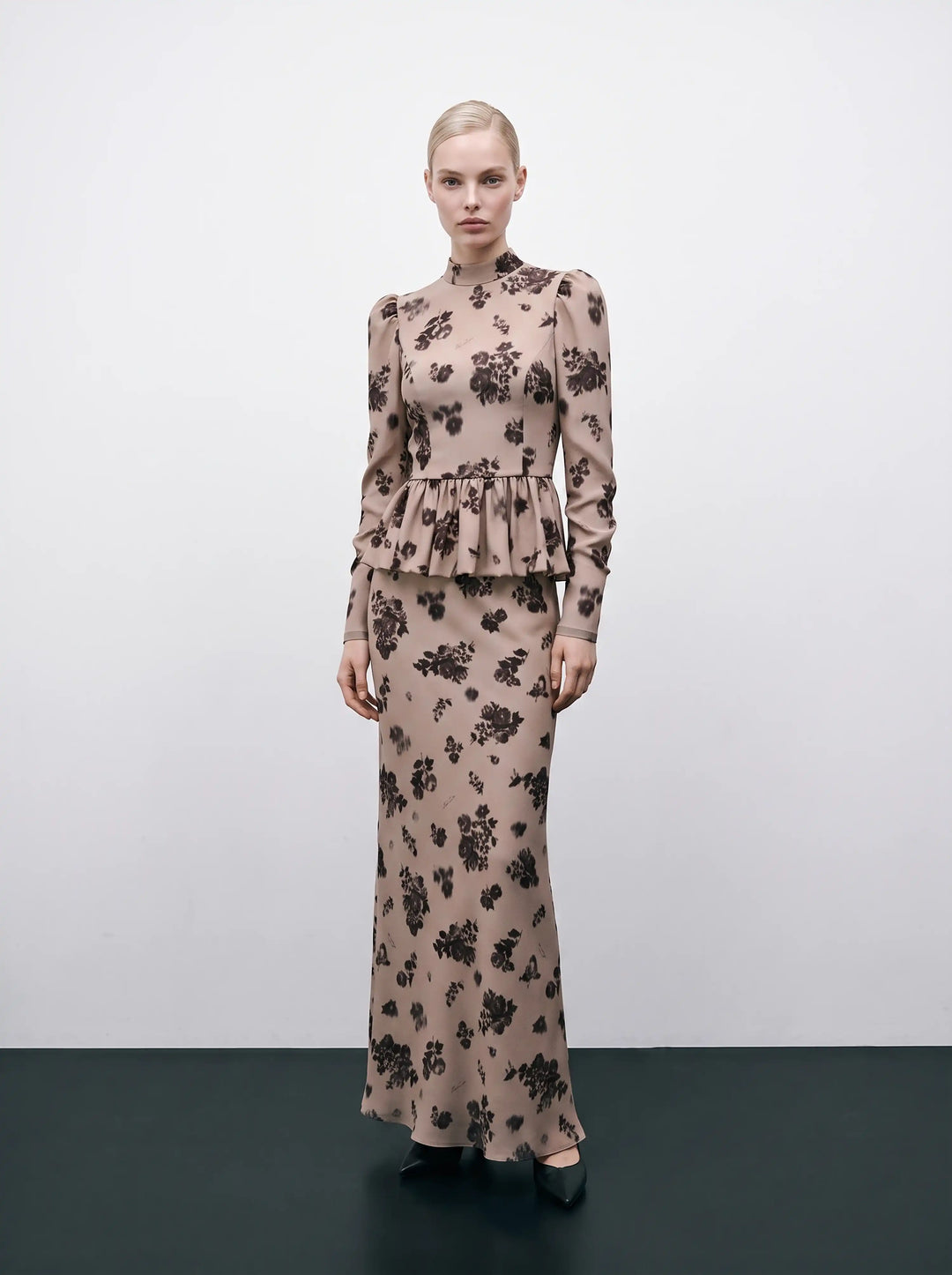 Valisa top, beige crepe de chine top with chocolate flowers