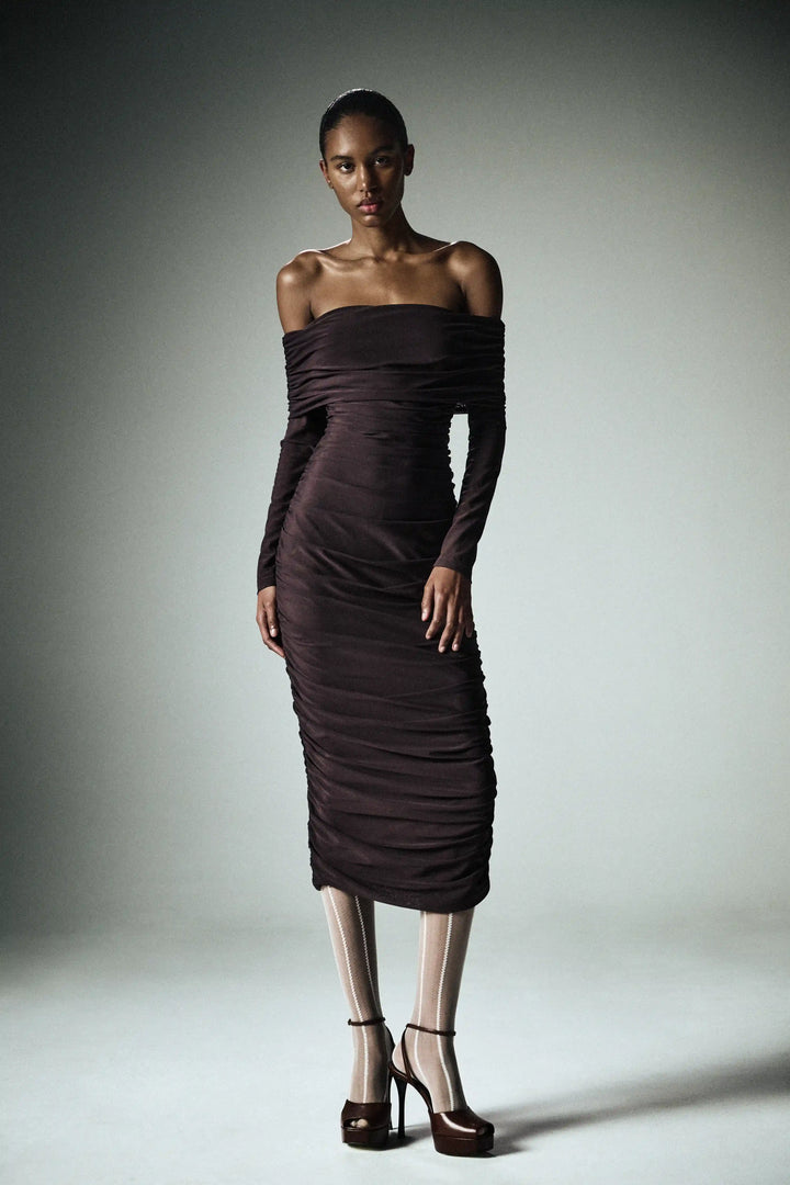 Iry midi, draped midi dress with long sleeves made of chocolate mesh