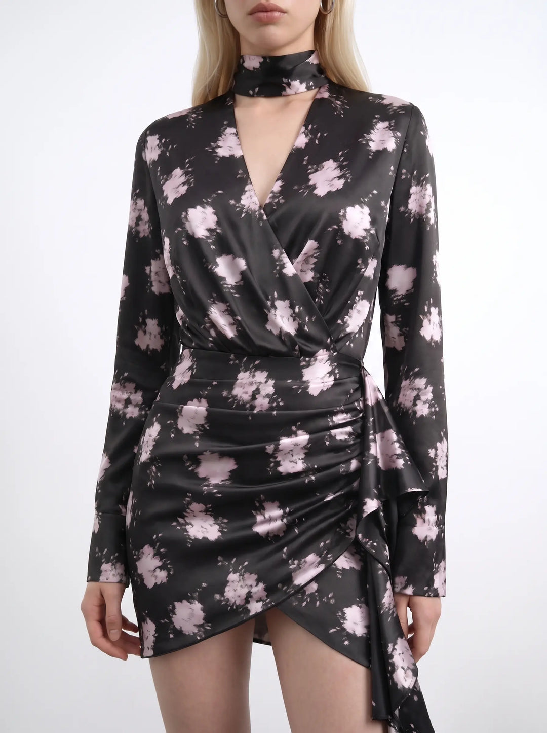 Leah mini, black satin mini dress with floral print