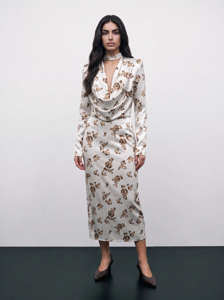 Emma top, milky satin top with brown flowers