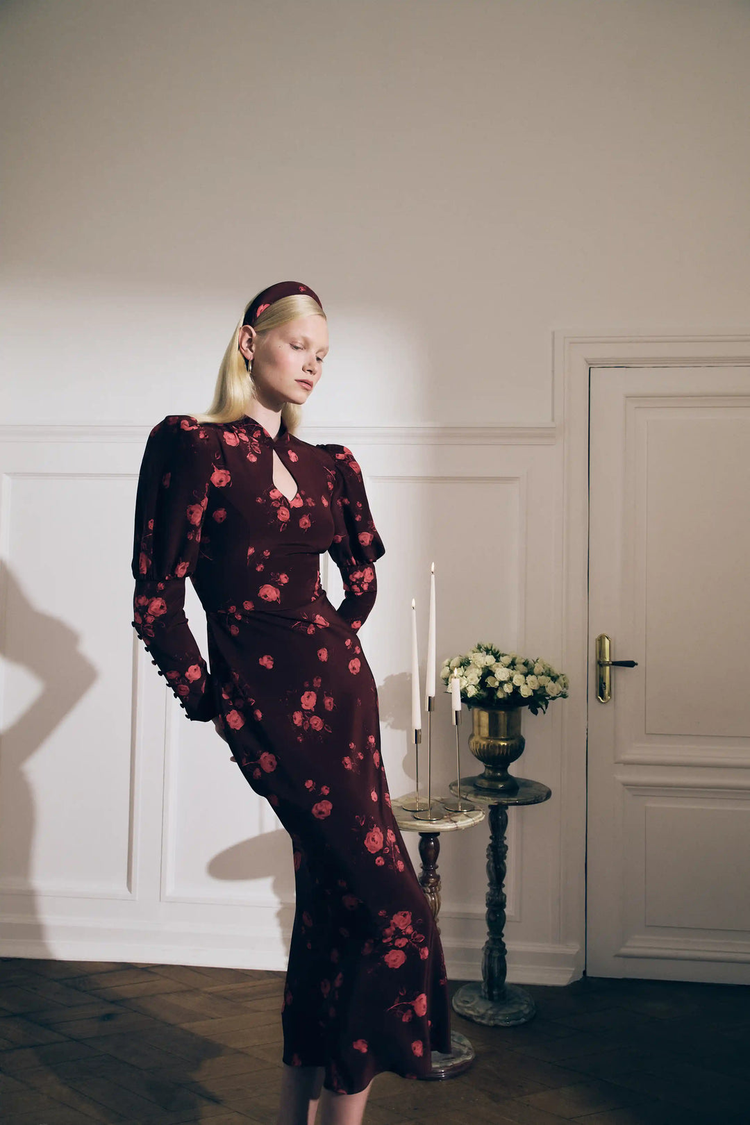 Giannetta Midi, midi dress made of burgundy crepe de chine with a floral print