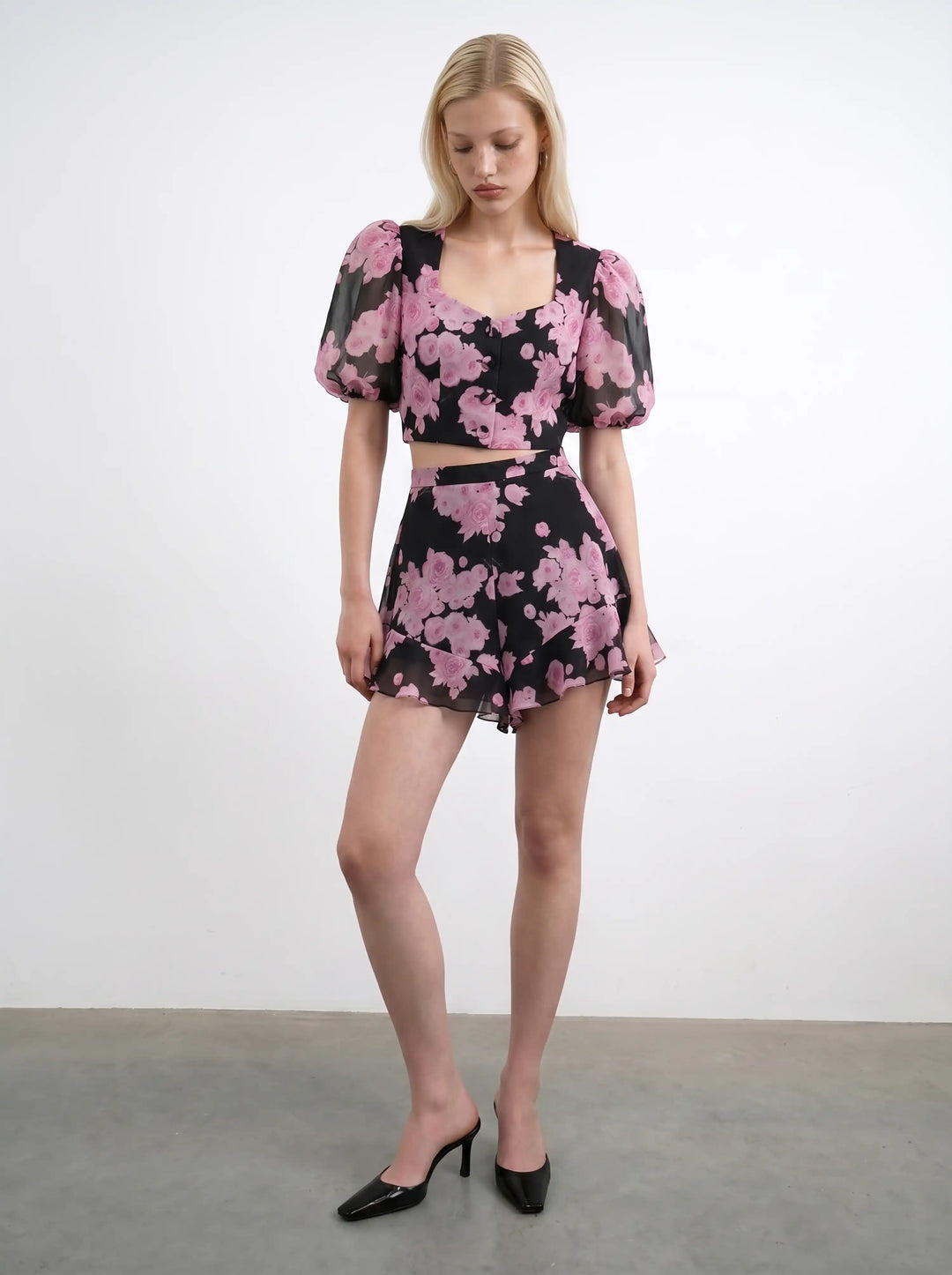Chanelle, black chiffon top with large pink flowers