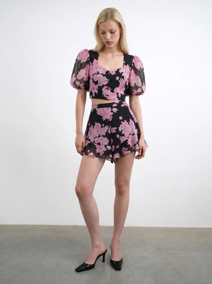 Chanelle, black chiffon top with large pink flowers
