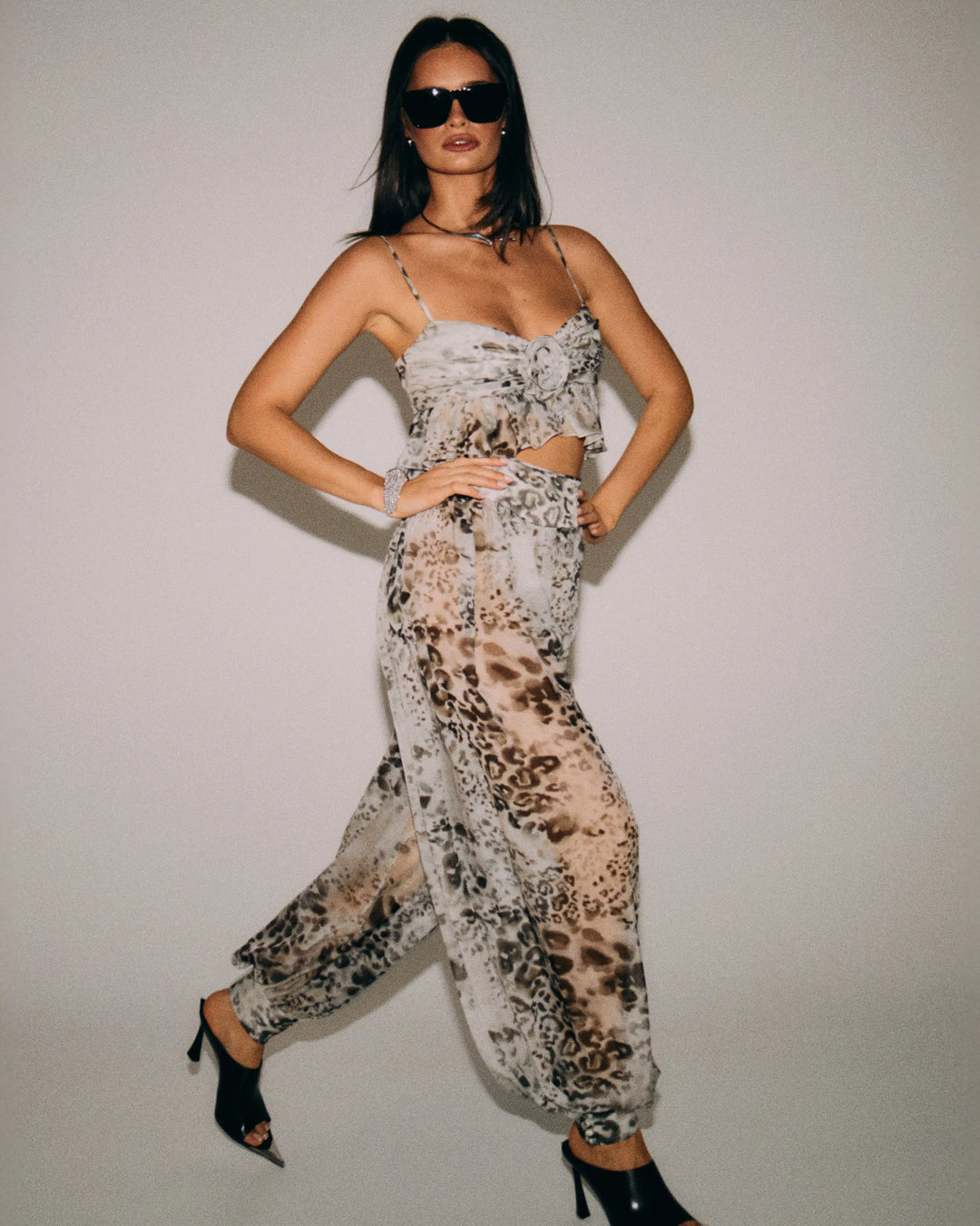 Willow top, ivory chiffon top with animal print