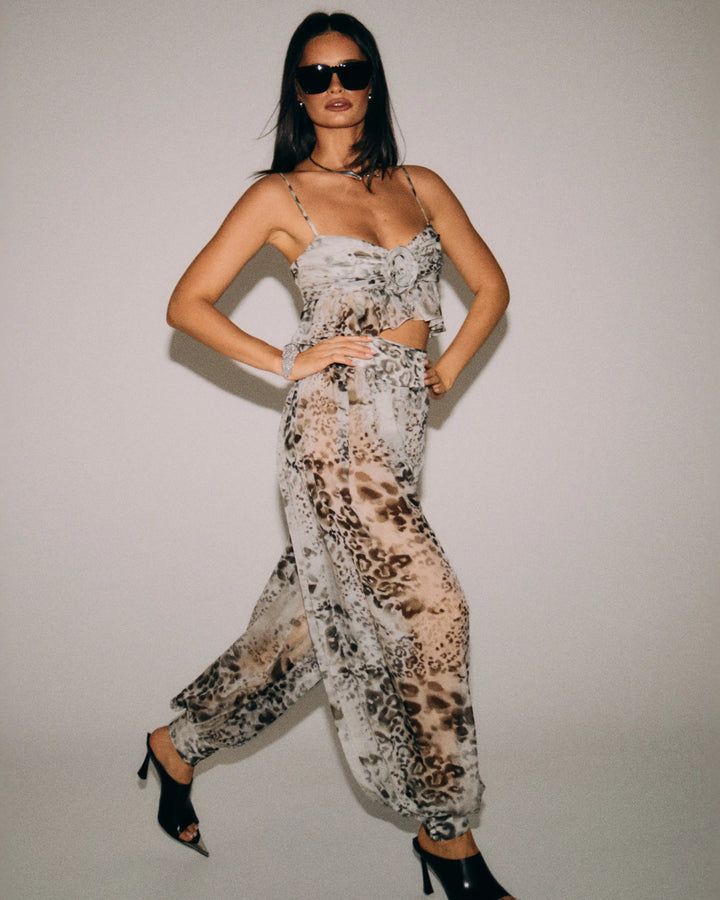 Willow top, ivory chiffon top with animal print
