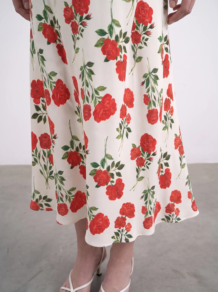 Kerry, ivory crepe de chine midi skirt with medium red roses