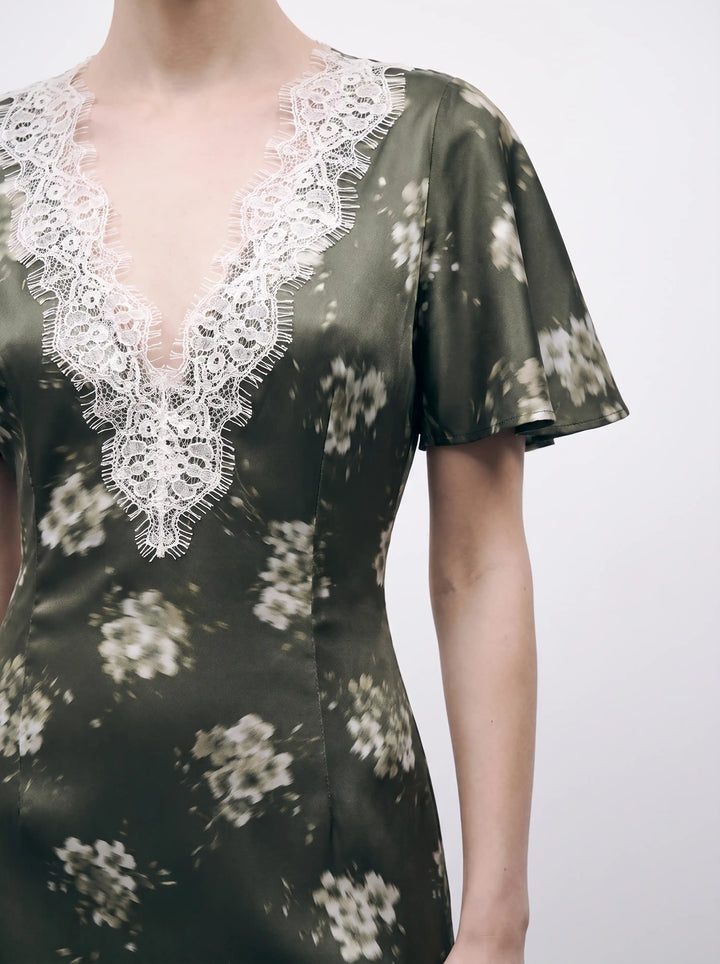 Odette midi, khaki satin midi dress with ivory flowers