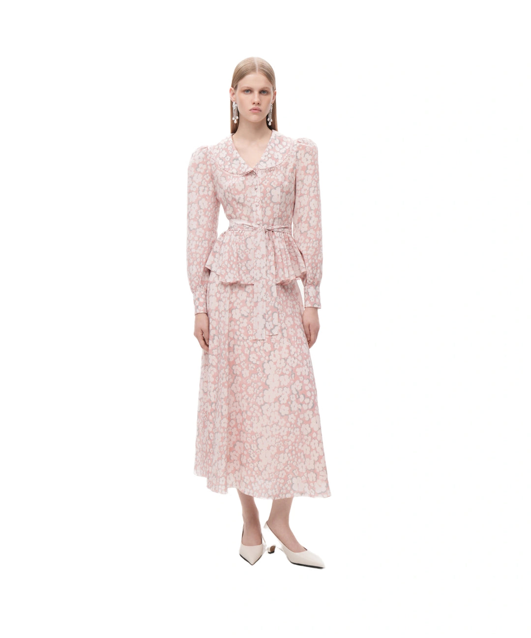 Olivia, pink crepe de chine midi skirt with medium milky flowers