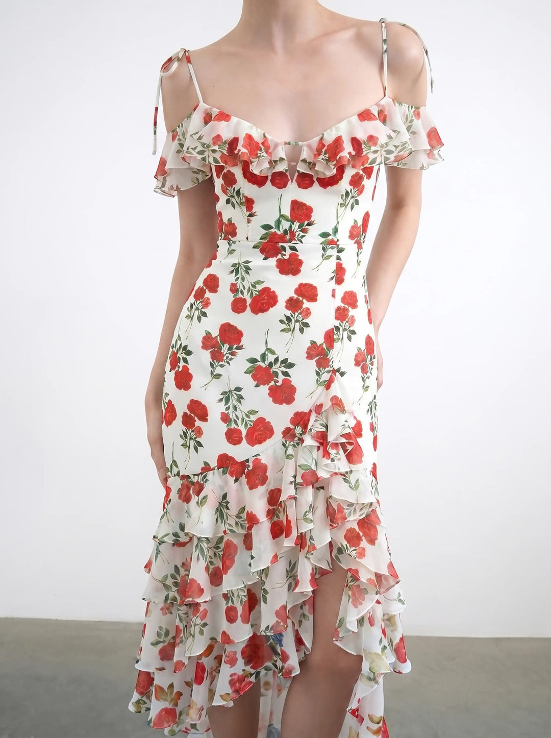 Monika midi, midi dress in milky crepe de chine with medium red roses