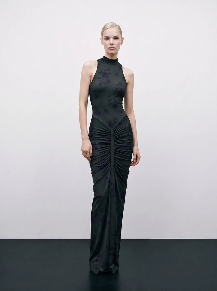 Ivy maxi, dark green biflex maxi dress with black flowers