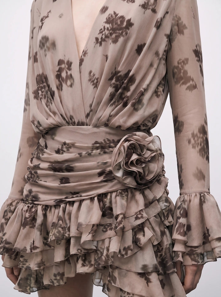 Mira mini, beige chiffon mini dress with chocolate flowers