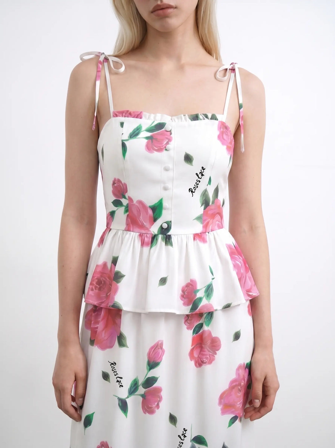 Perla midi, ivory crepe de chine midi dress with raspberry flowers