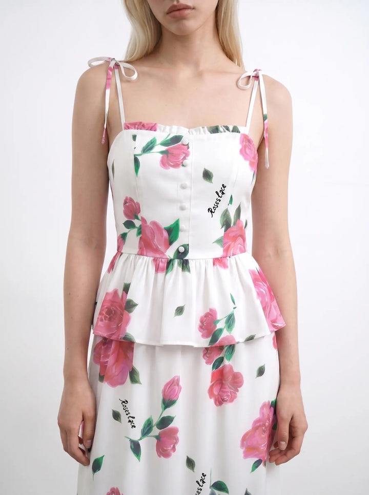 Perla midi, ivory crepe de chine midi dress with raspberry flowers
